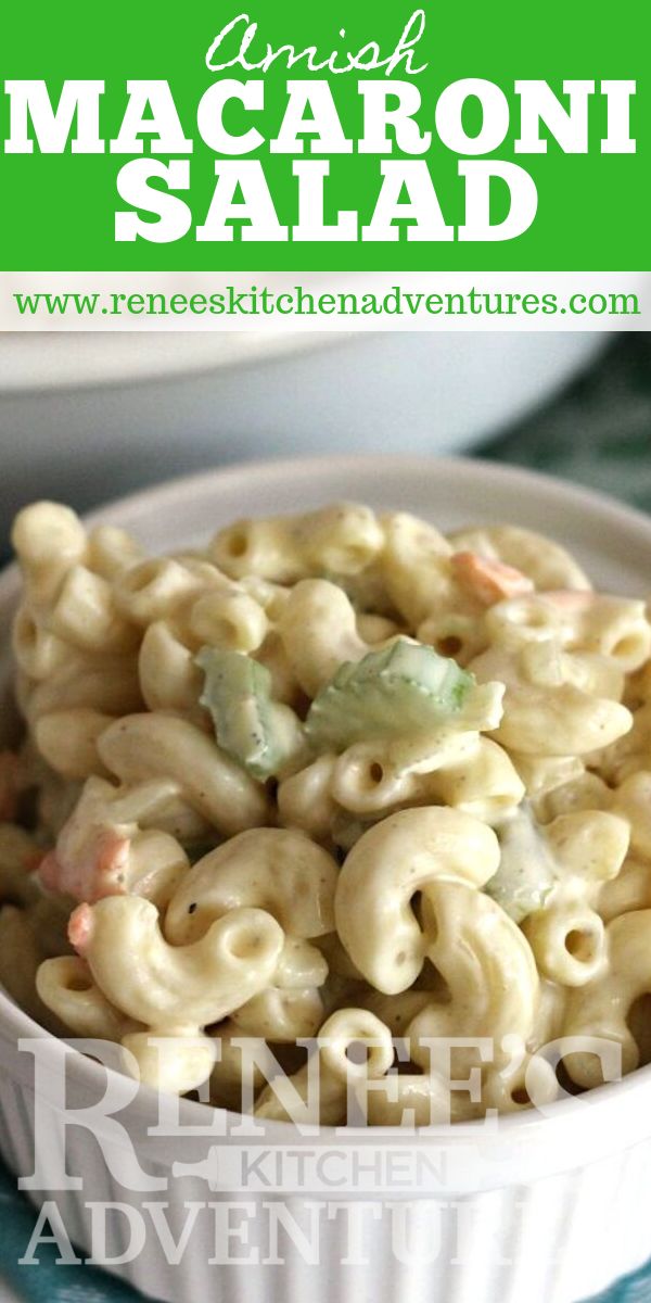 macaroni salad in a white bowl on a blue and green tablecloth with text overlay