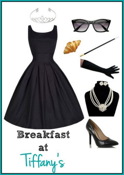 a woman in black dress and accessories with words breakfast at tiffany's