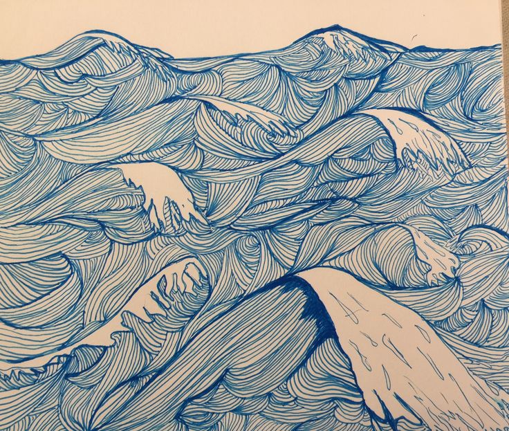 a drawing of waves in blue ink on white paper, with the ocean below it