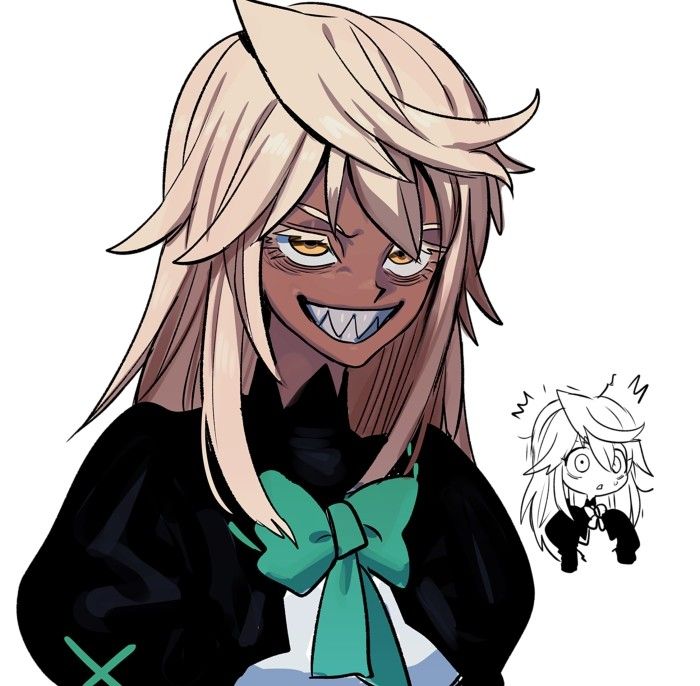 an anime character with blonde hair and big eyes wearing a black shirt, green bow tie