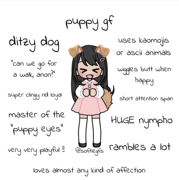 a cartoon girl with an animal on her chest and the caption that says puppy gf