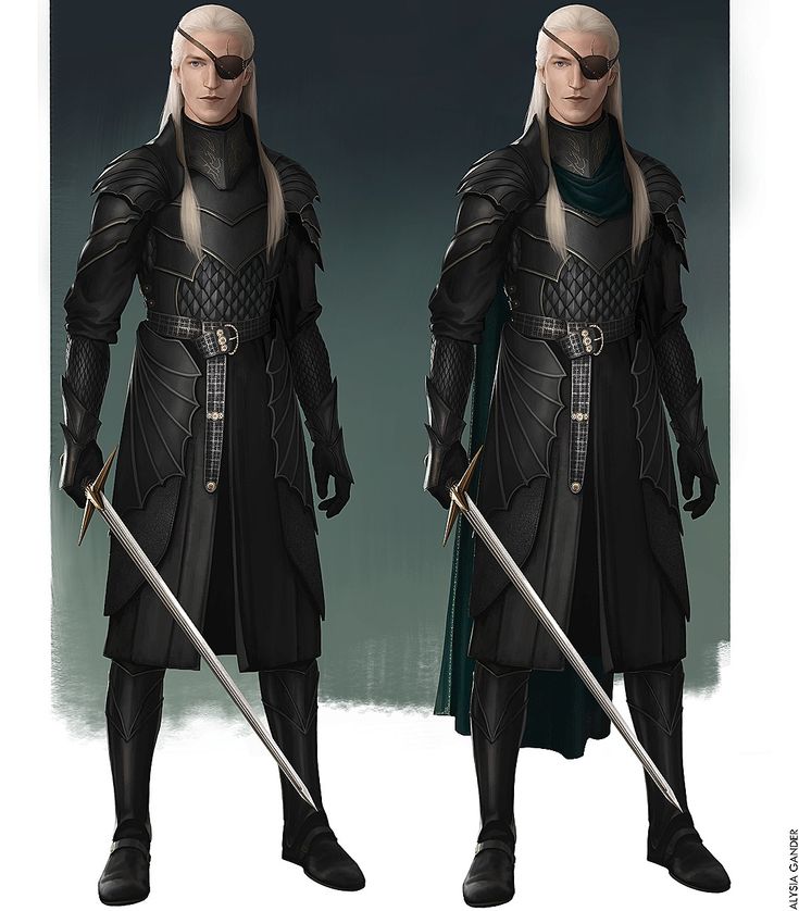 two different views of the same man in black armor and holding swords, one with white hair