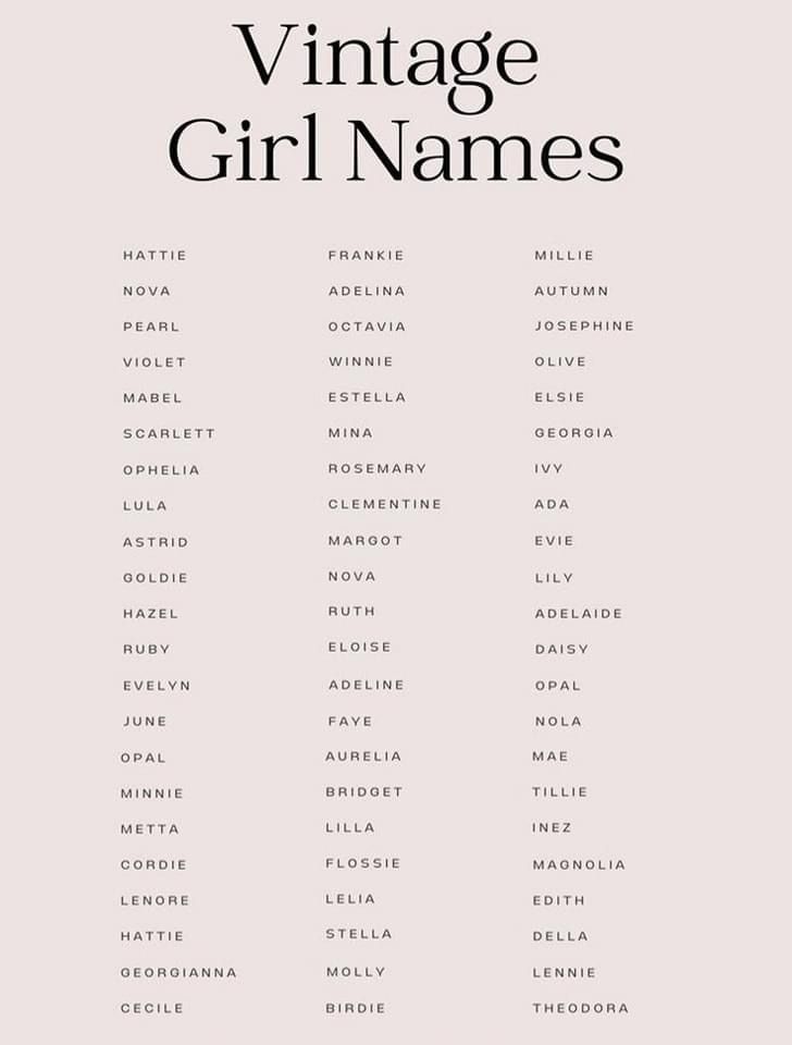 the vintage girl names in black and white on a light pink background, with text that reads