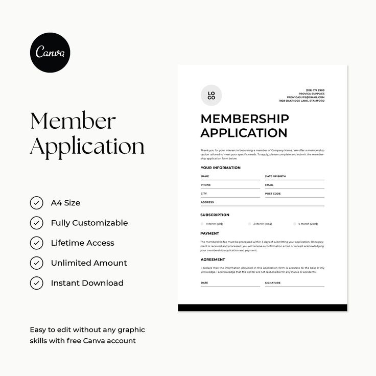 a black and white flyer with the words member application on it's front page