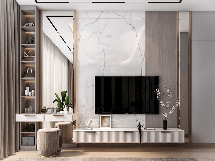 a modern living room with white marble walls and flooring, large tv on the wall