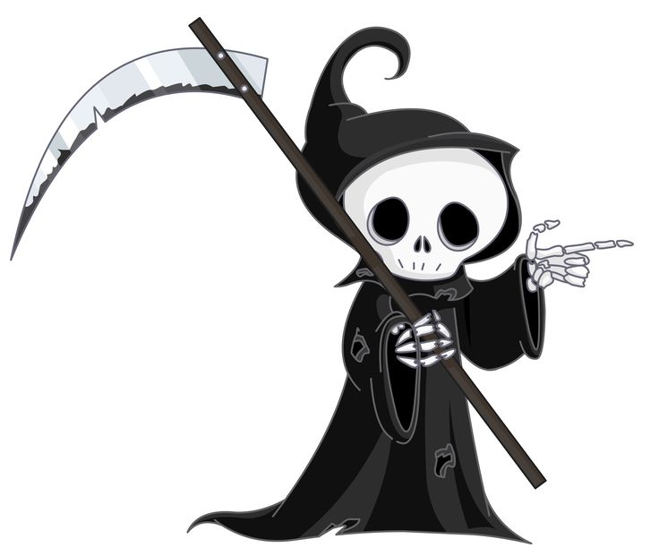 a skeleton dressed in black holding a scythe