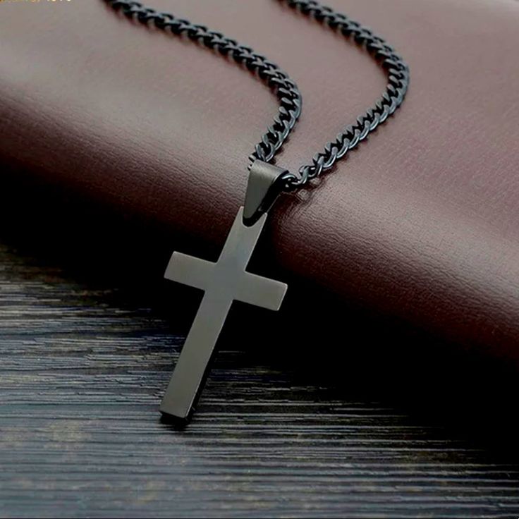 Fashion Black Stainless Steel Link Chain Jesus Cross Pendant Necklace For Men Or Women. Black Necklace With Adjustable Chain For Streetwear, Black Jewelry With Adjustable Chain For Streetwear, Black Cross Jewelry For Streetwear, Black Casual Jewelry With Adjustable Chain, Casual Black Jewelry With Adjustable Chain, Casual Black Stainless Steel Jewelry, Casual Black Chain Necklace, Casual Black Necklace For Streetwear, Minimalist Black Jewelry For Streetwear