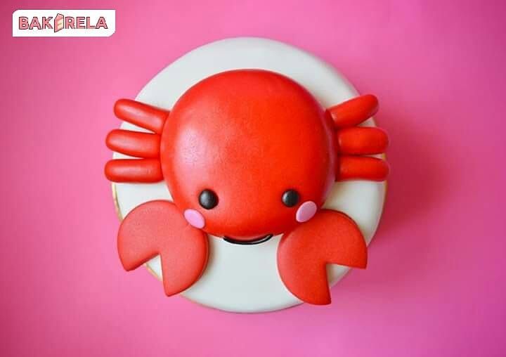 a red crab on a white plate with pink background