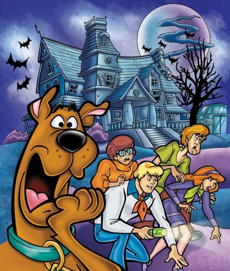 scooby and friends in front of a spooky house