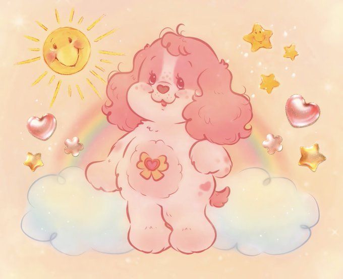 a pink teddy bear sitting on top of a cloud next to a sun and stars