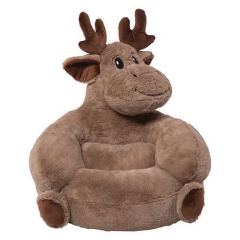 a large stuffed moose sitting on top of a chair