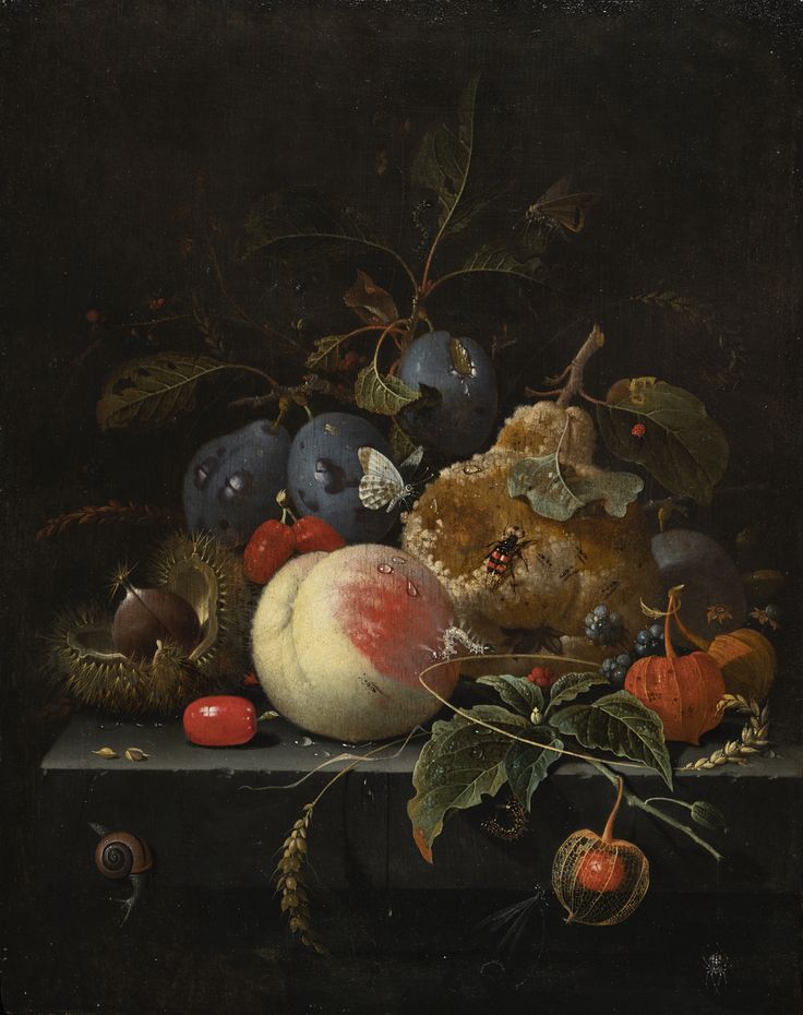 a still life with fruit and vegetables on a ledge