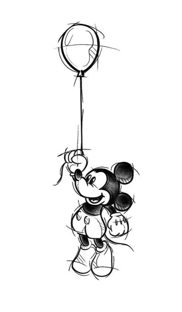 a drawing of mickey mouse holding onto a balloon with his head hanging from it's side