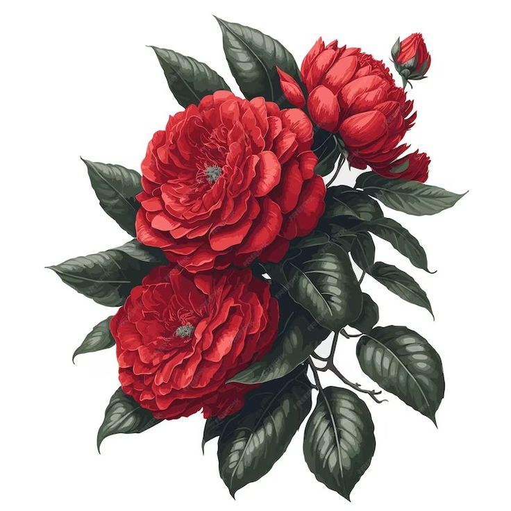 red flowers with green leaves on a white background