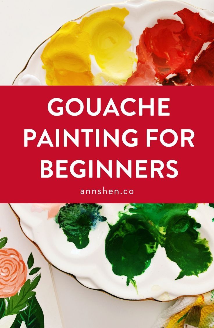 the words gouache painting for beginners on top of a plate with flowers