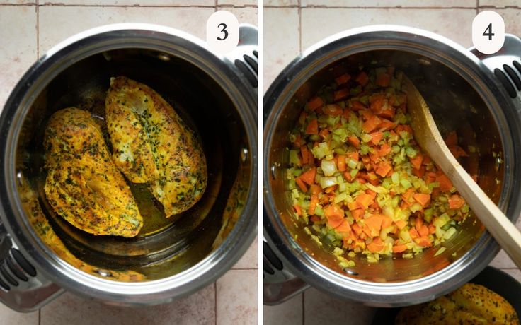 two pictures showing how to cook chicken and vegetables in an instant pot with wooden spoons