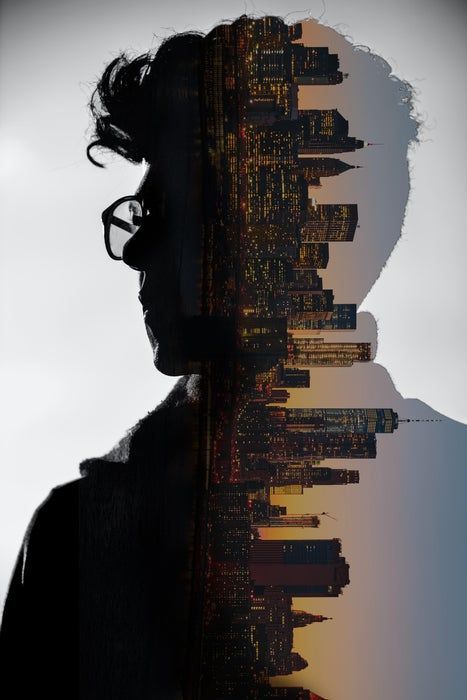 the silhouette of a man with glasses is in front of a cityscape