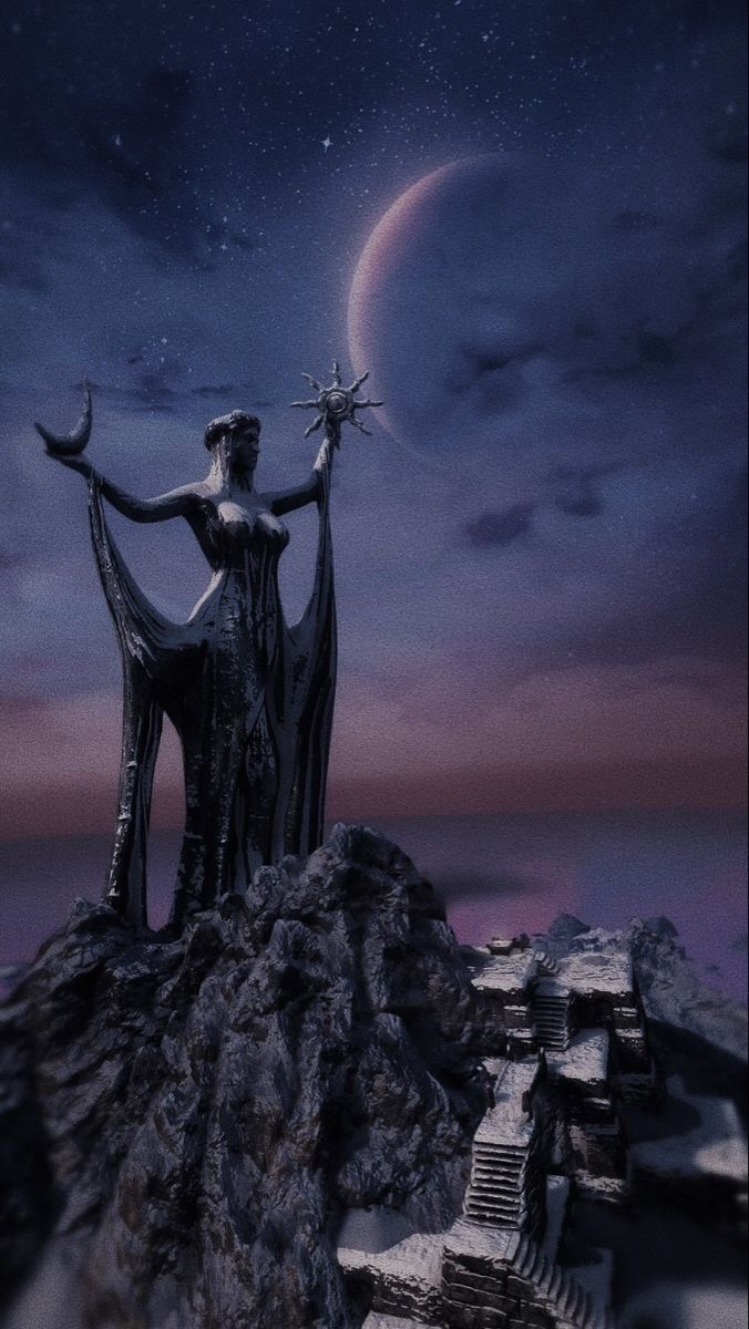 a statue on top of a mountain with the moon in the sky behind it and stars above