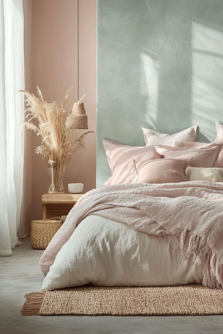 a bed with pink linens and pillows in a light colored room next to a window