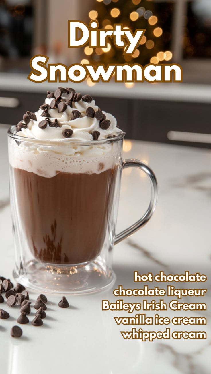 a hot chocolate drink with whipped cream and chocolate chips