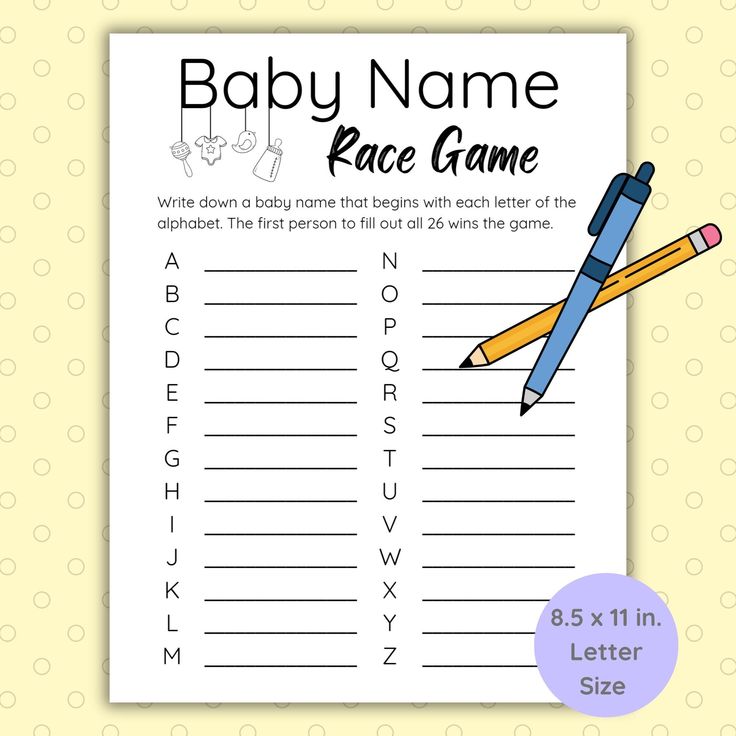 baby name race game with pencils and crayons on the page, in front of