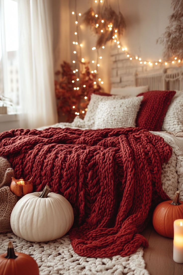 A cozy bedroom with a deep red chunky knit blanket draped over the bed. Fall Bedroom Decor, Warm Bedroom, Cozy Fall Bedroom, Fall Bedding, Apartment Makeover, Fall Decor Ideas, Autumn Decorating, Fall Bedroom, Christmas Decorations Bedroom