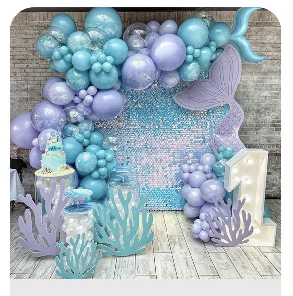 a mermaid themed birthday party with balloons and decorations