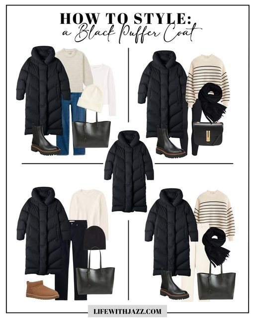 London Outfit Winter Plus Size, How To Style A Long Puffer Jacket, Style Long Puffer Jacket, Winter Outfits Puffer Coat, Winter Black Jacket Outfit, How To Style A Coat Winter, Oversized Puffer Coat Outfit, Black Puffer Outfits For Women, Black Coats For Women Winter