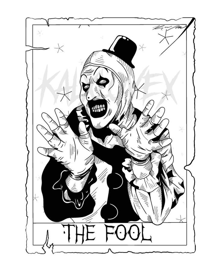 an ink drawing of a clown holding his hands up with the words, the fool