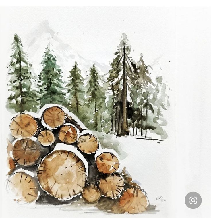 watercolor painting of logs in the snow with pine trees and mountains behind it on white paper