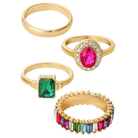 Jessica Simpson Multi Colored CZ Ring Set, Set of 4. Jessica Simpson Baguette Gold Ring Set, Size 7 - Band ring set featuring ring with vibrant multi-colored baguette stones, and second skinnier ring adorned with delicate crystal stones. This colorful ring set includes 4 separate rings in size 7 to mix and match, set in gold-tone metal. Size: one size.  Gender: female.  Age Group: adult. Colorful Ring, Helix Piercings, Jewelry Tattoo, Gold Ring Sets, Crystal Stones, Helix Piercing, Cz Ring, Girly Jewelry, Color Ring