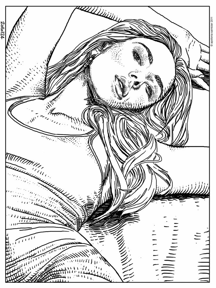 a black and white drawing of a woman laying down with her head on her hands