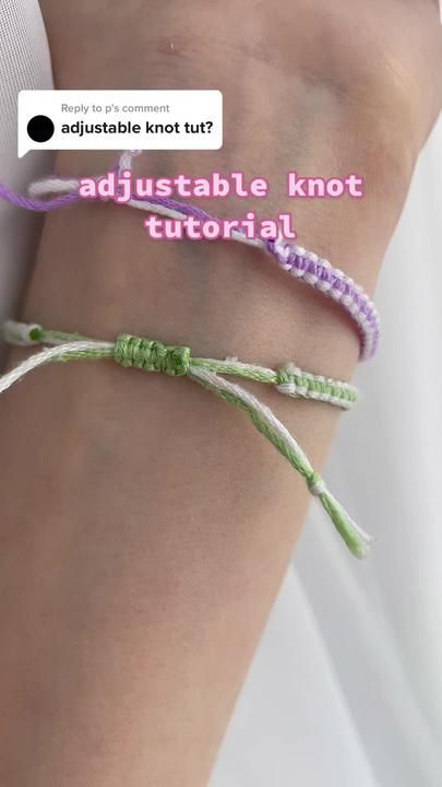 a person wearing two different colored bracelets on their arm with the text, adjustable knott