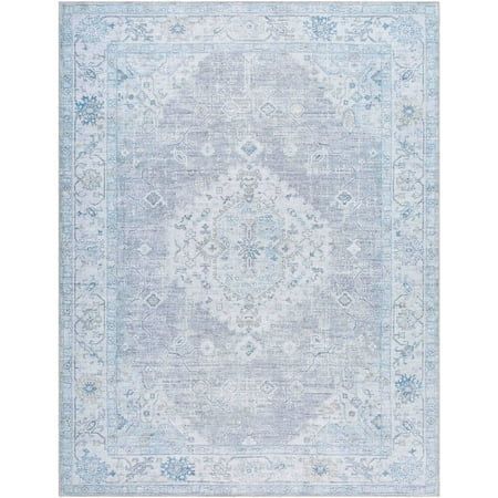 a blue and white rug with an ornate design on the bottom, in front of a white background