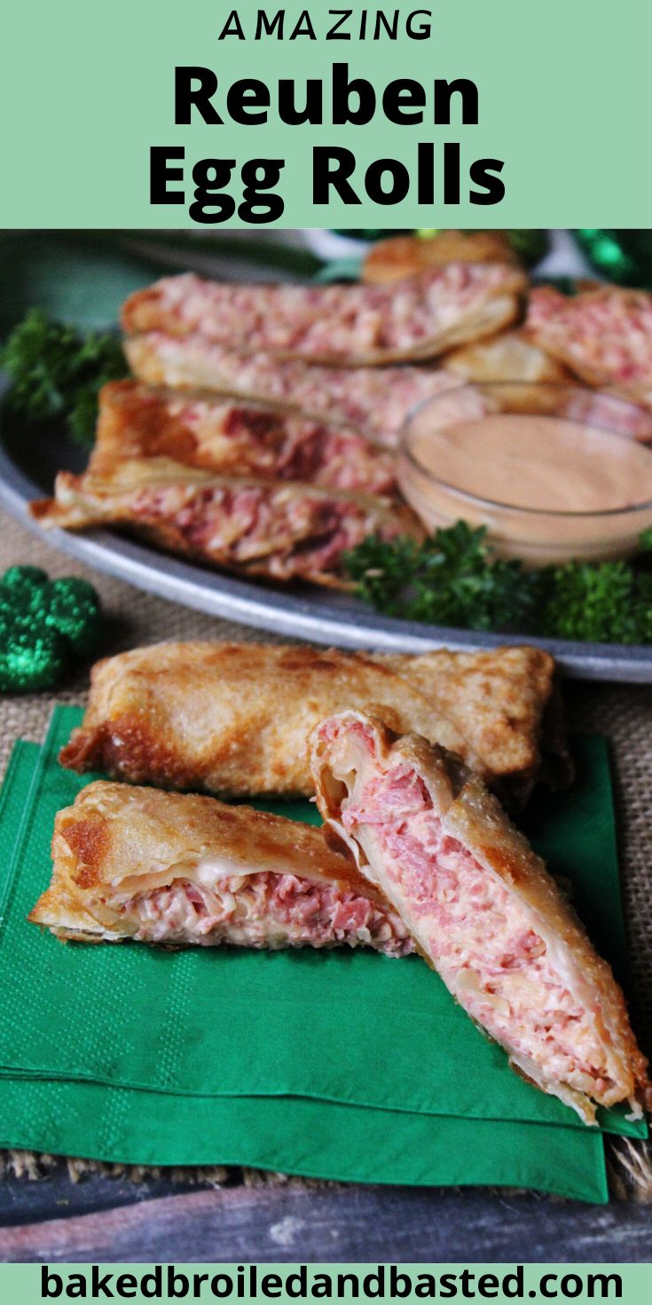 some food is laying out on a green napkin with the words amazing reuben egg rolls