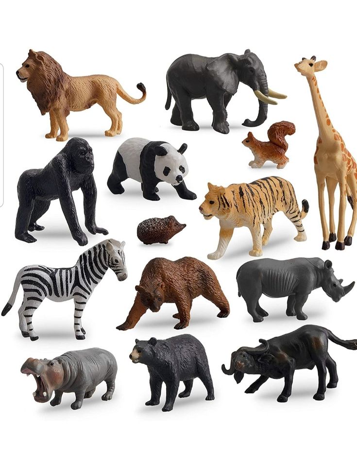 the toy animals are all different colors and sizes