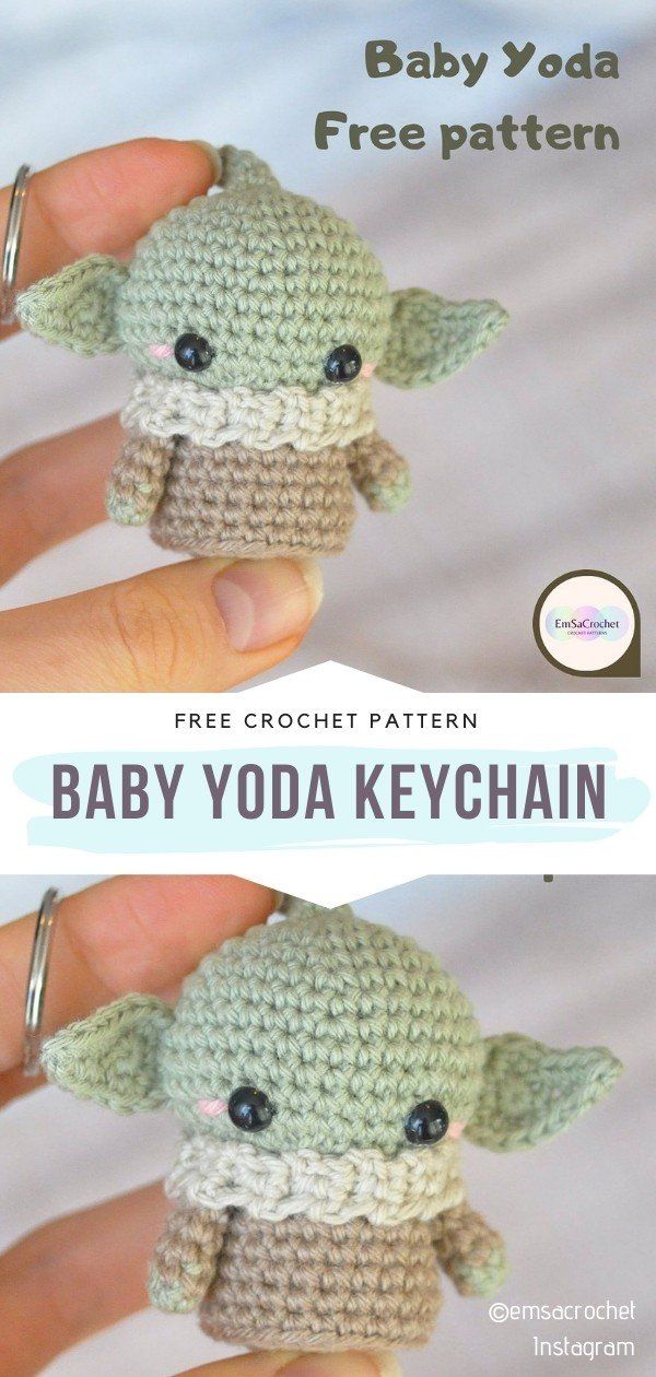 the baby yoda keychain is crocheted in two different colors