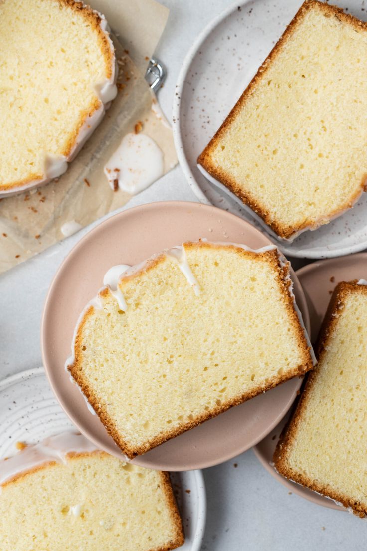 slices of pound cake on plates next to each other