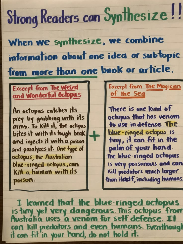 a piece of paper with writing on it that says strong readers can symbolize when we synsise, we combine information about one idea or subject from more than one book or article