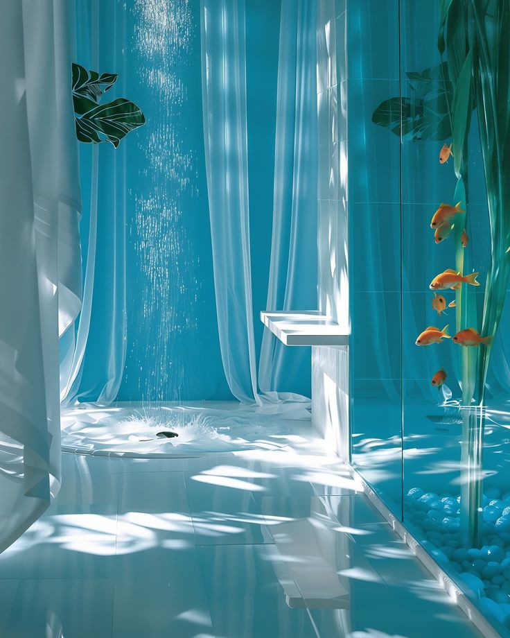 an aquarium with goldfish in it and blue water surrounding the fish tank that is surrounded by white curtained walls