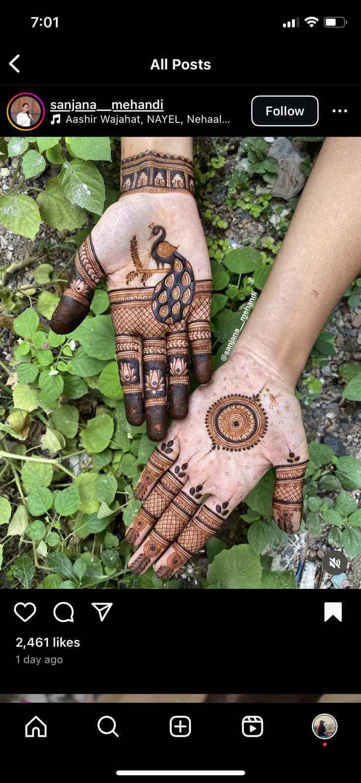 two hands with henna tattoos on them and green plants in the back ground behind them