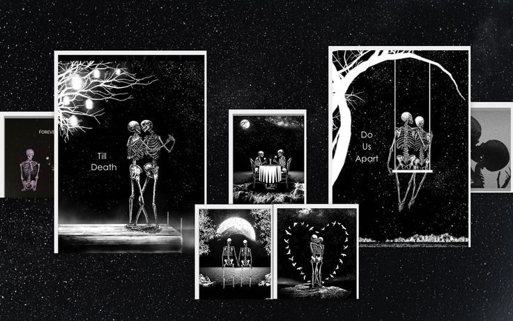 black and white images with skeletons on them