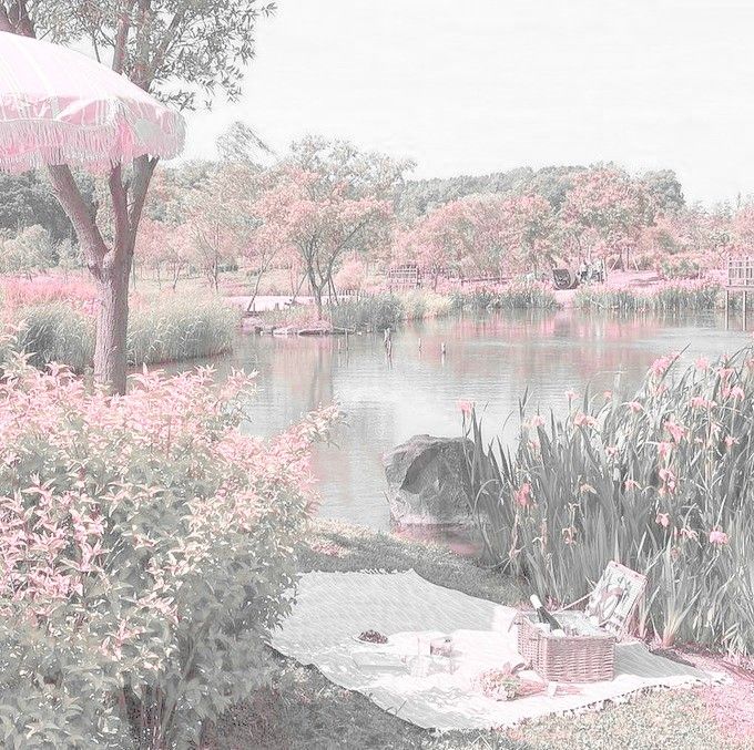 an image of a pond with flowers and trees in the background