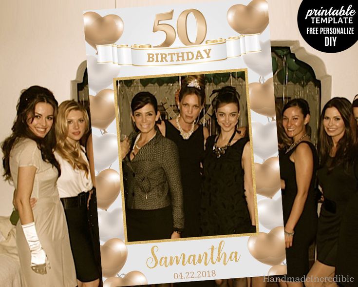 a group of women standing next to each other in front of a 50th birthday photo