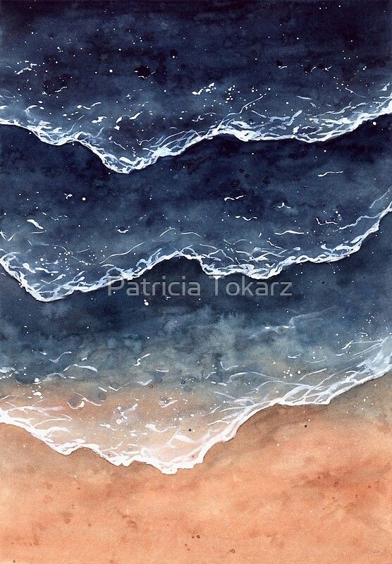 watercolor painting of ocean waves on sandy beach