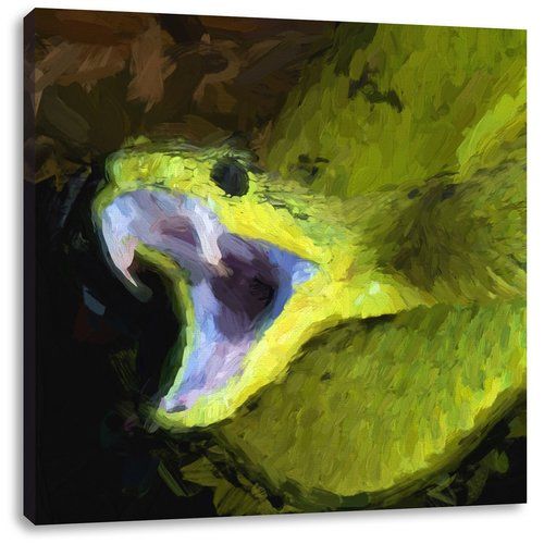 an abstract painting of a green parrot with its mouth open