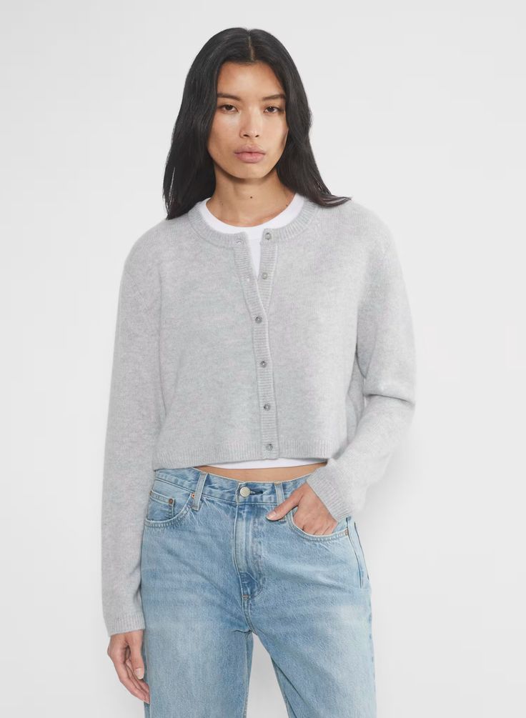 CASHMERE RELAXED CREW CARDIGAN | Aritzia Cashmere Cardigan Outfit, Aritzia Outfit, Cardigan Design, Grey Crewneck, Fully Fashioned, Stylish Sweaters, Womens Cashmere, Grey Cardigan, Sweater Sale