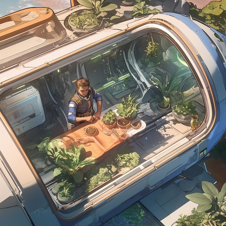 a person sitting at a table in the back of a car with plants on it