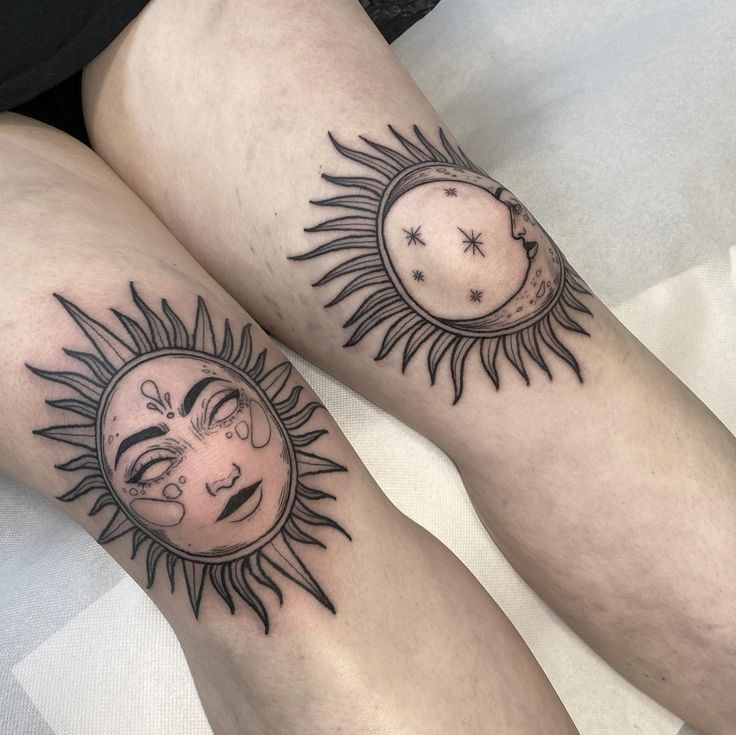 two sun and moon tattoos on both legs