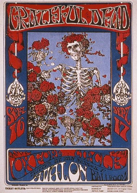 an old concert poster with skeletons and roses